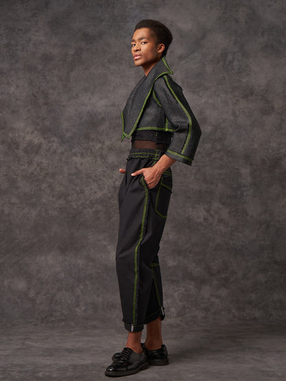 Black Vintage Raffia Cropped Biker Jacket