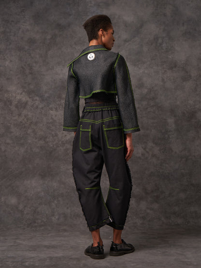 Black Vintage Raffia Cropped Biker Jacket