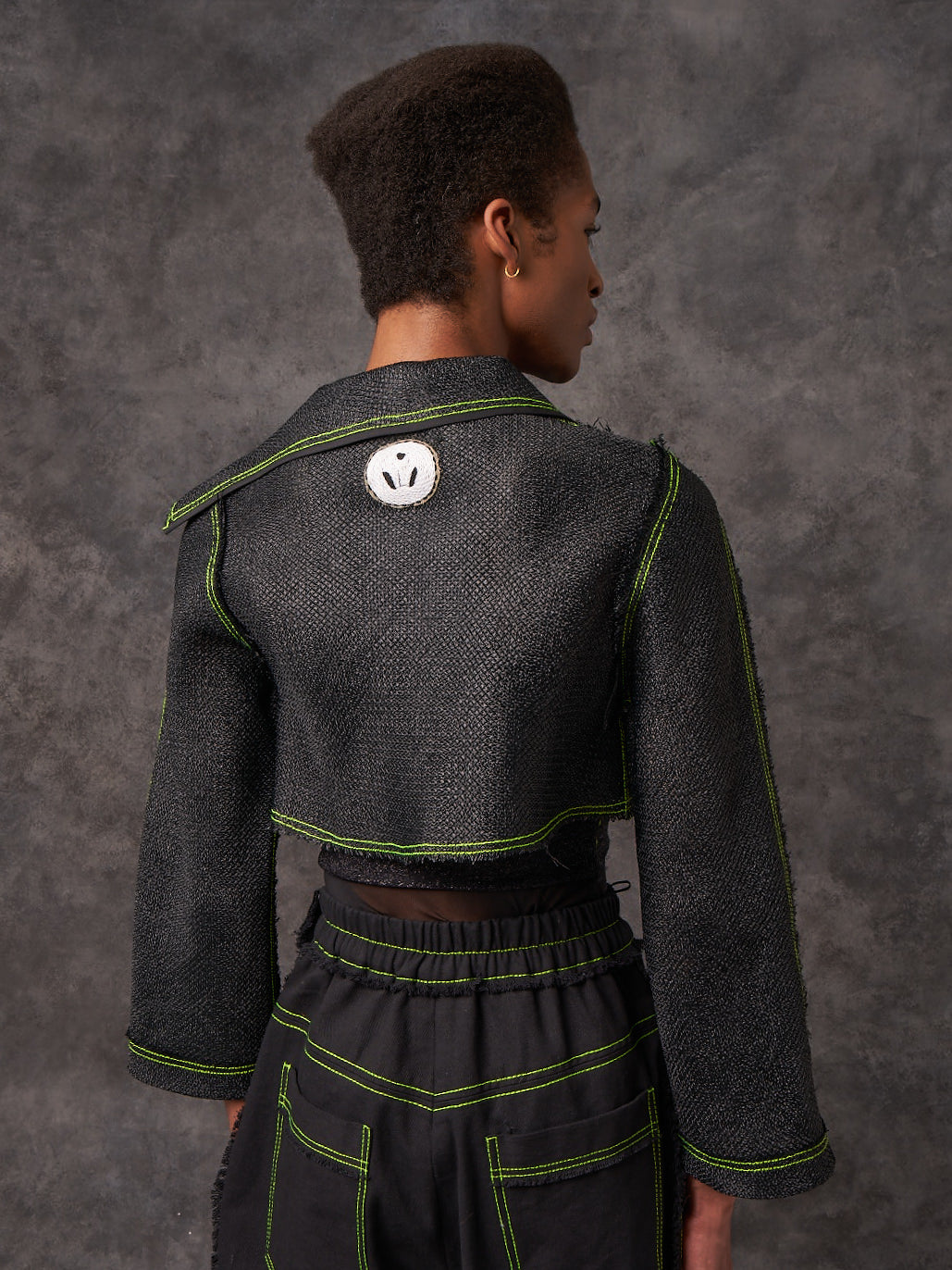 Black Vintage Raffia Cropped Biker Jacket