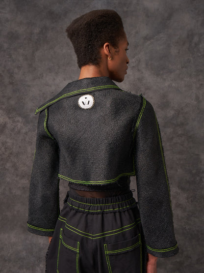 Black Vintage Raffia Cropped Biker Jacket