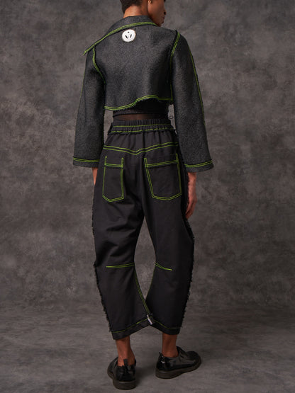 Black Vintage Raffia Cropped Biker Jacket