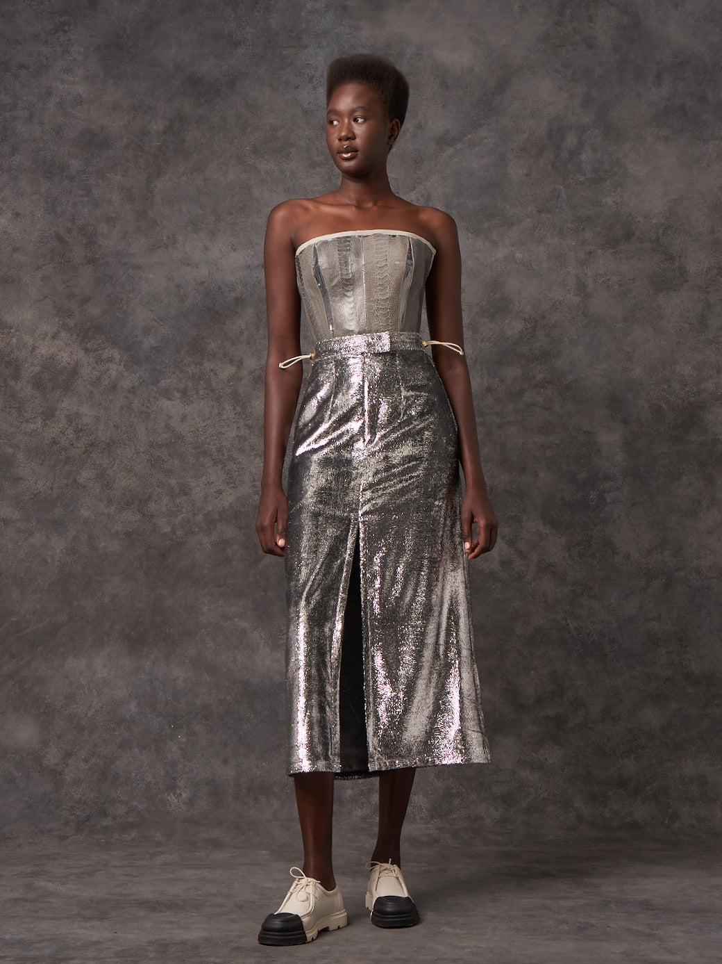 Silver Eyelash Lame Column Skirt