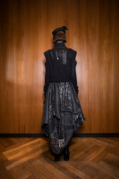 Vesica Picis Brocade Jacquard & Vintage Raffia Market Bag Skirt with Ostrich Shin details