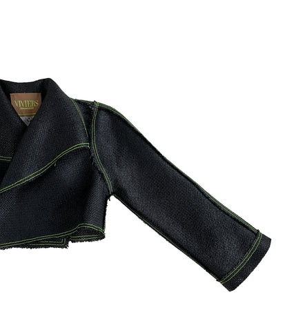 Black Vintage Raffia Cropped Biker Jacket