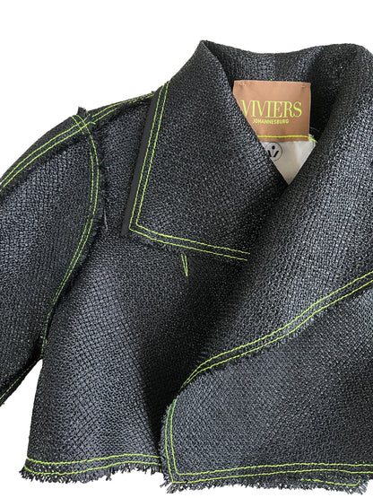 Black Vintage Raffia Cropped Biker Jacket