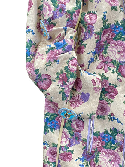 Tannie Elsa's Floral Curtain' Jacket in Deadstock Synthetic with Raw Silk Lapels & Hand-beaded brooches