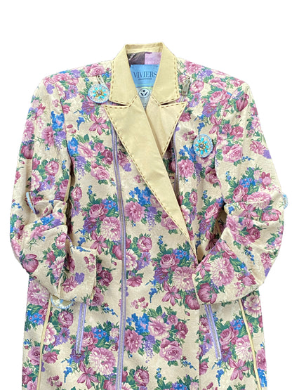 Tannie Elsa's Floral Curtain' Jacket in Deadstock Synthetic with Raw Silk Lapels & Hand-beaded brooches