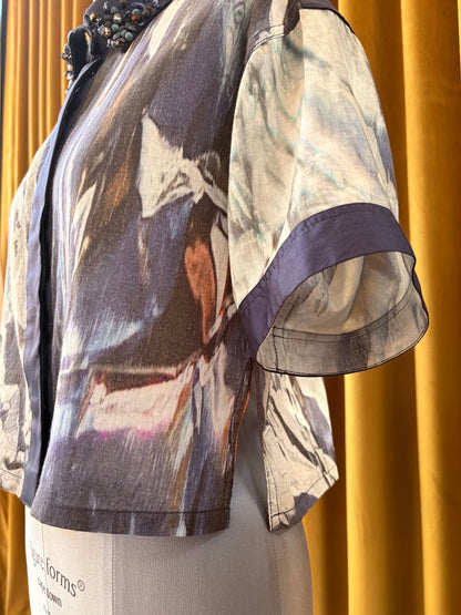 Blue Crystal Foil Printed Cotton Cropped Boxy Shirt