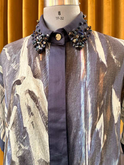 Blue Crystal Foil Printed Cotton Cropped Boxy Shirt