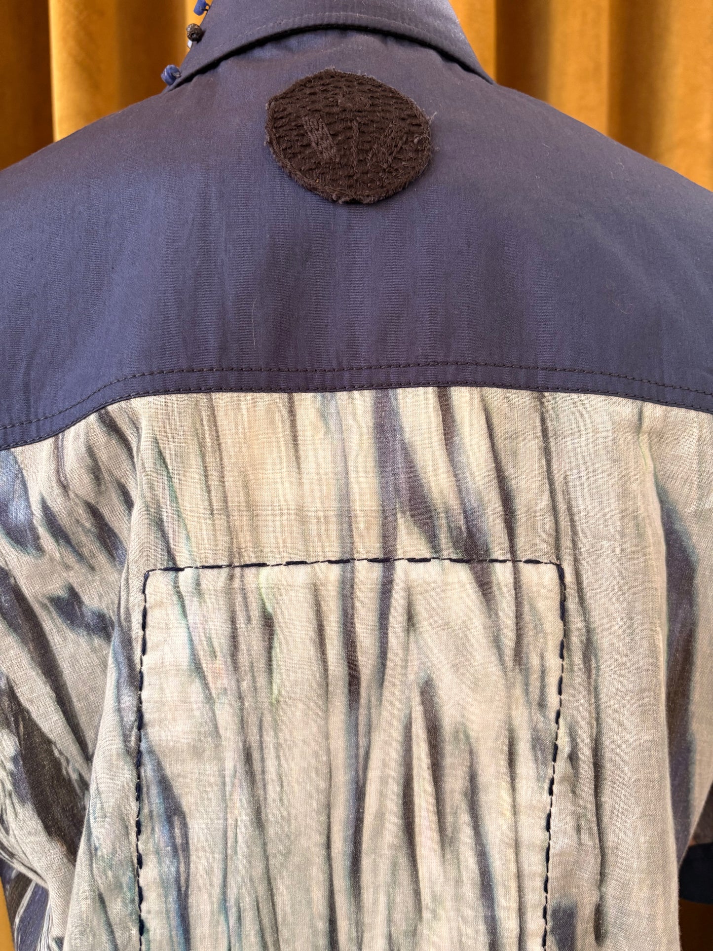 Blue Crystal Foil Printed Cotton Cropped Boxy Shirt