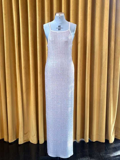 Silver Grey Textured Foil Halter Spaghetti Dress