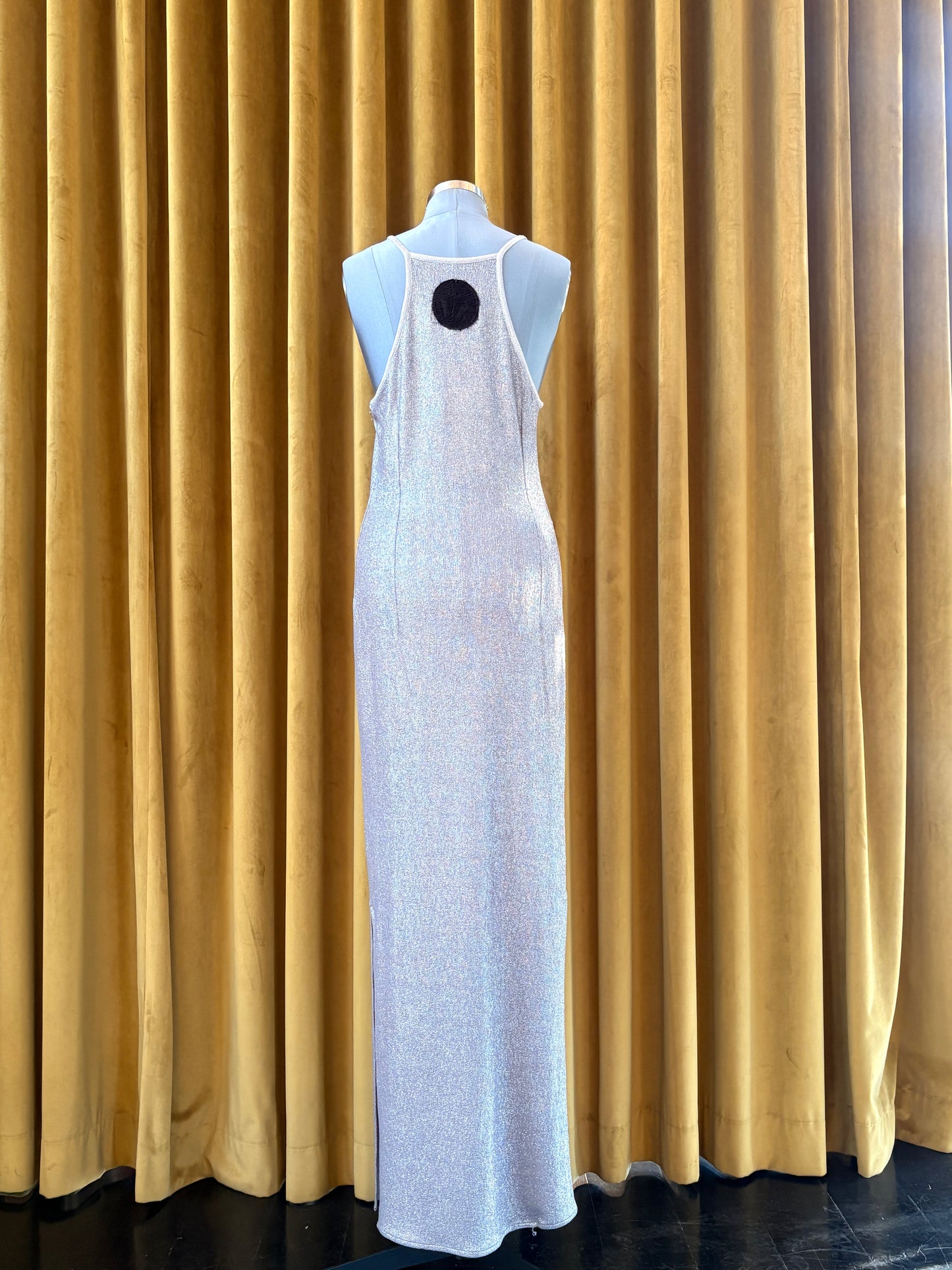 Silver Grey Textured Foil Halter Spaghetti Dress
