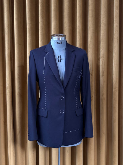 Navy Wool Trapeze with Hand Embroidery Tailored Jacket