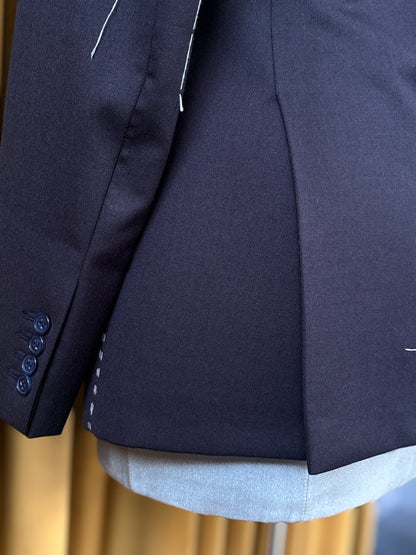 Navy Wool Trapeze with Hand Embroidery Tailored Jacket