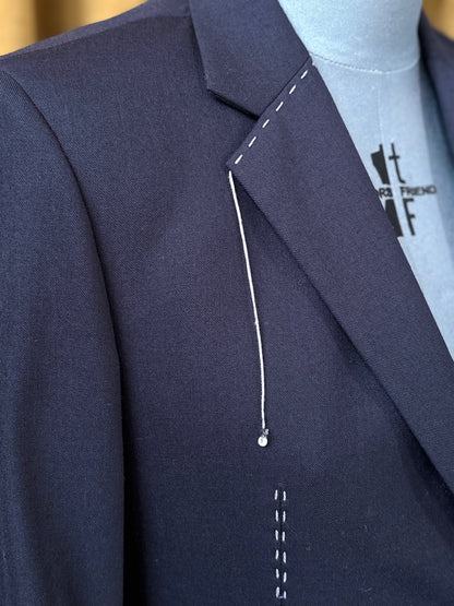 Navy Wool Trapeze with Hand Embroidery Tailored Jacket