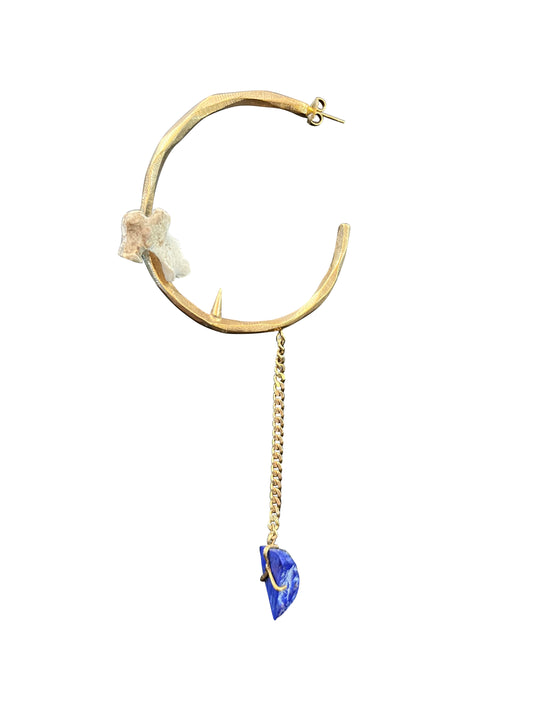Brass Hoop Earring with Spike, Bone and a Lapis Stone on a Drop