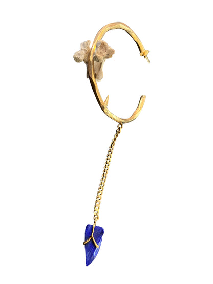 Brass Hoop Earring with Spike, Bone and a Lapis Stone on a Drop