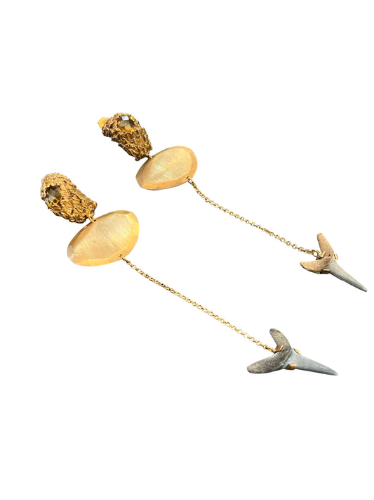 Brass Stud Earrings with Golden Citrine Stone and Shark Teeth