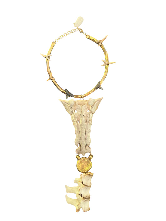 Brass Choker Necklace with Bone and Shark Teeth