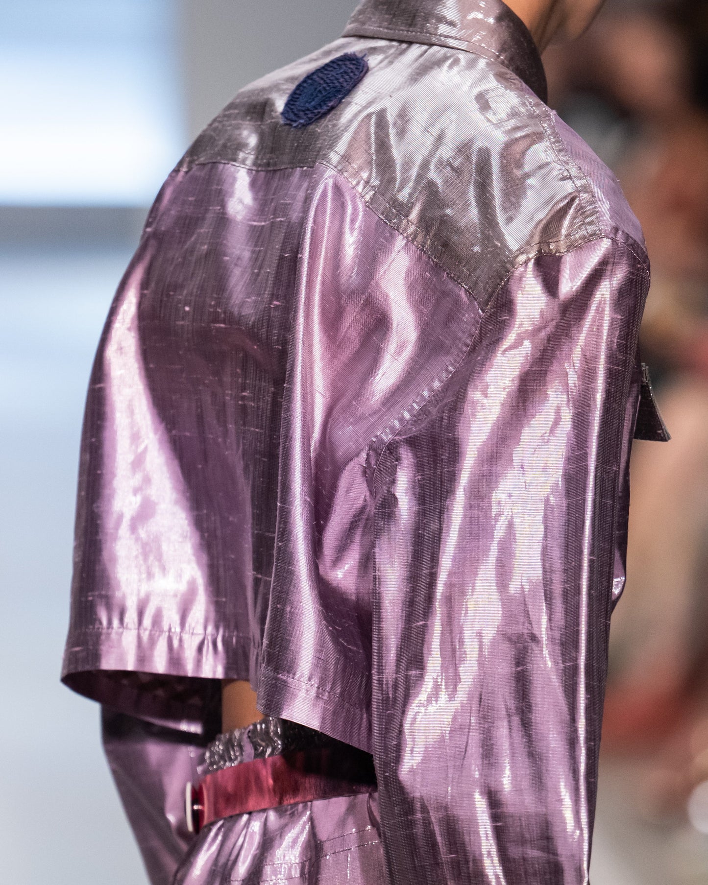 Lilac Silk Lamé Oversized Cropped Shirt with Silver Silk Lamé and Ostrich Leather Details