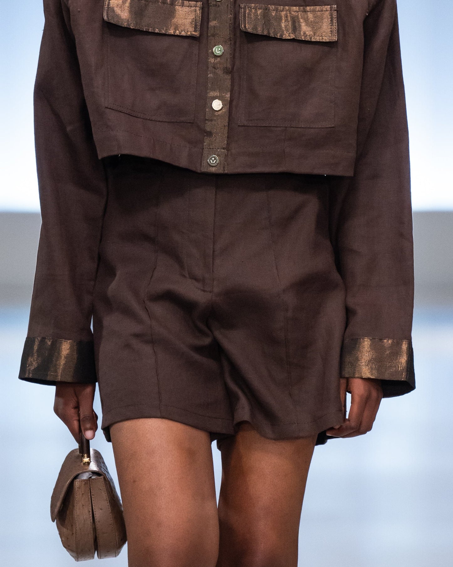 Dark Brown Linen Signature Shorts with Bronze Lame Detail