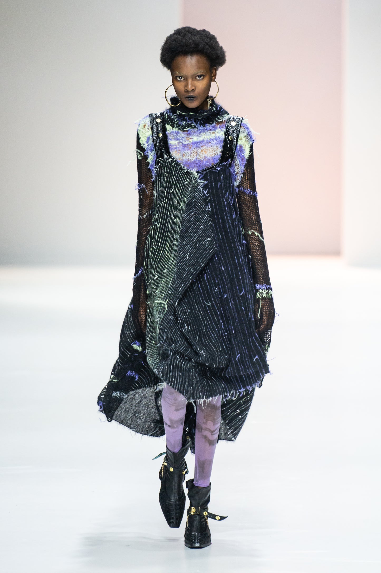 Feathered Fabrics & Mohair Studded Apron Dress with Synthetic Details And Button Sn