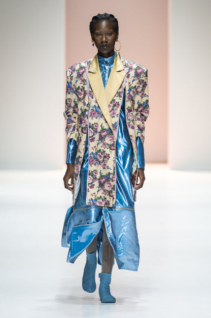 Tannie Elsa's Floral Curtain' Jacket in Deadstock Synthetic with Raw Silk Lapels & Hand-beaded brooches