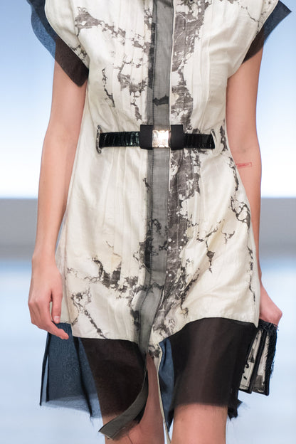 Suminigashi Textured Silk Sculpted Sleeveless Pintuck Shirt with Couture Ostrich Feather Cotton and Ostrich Shin Collar