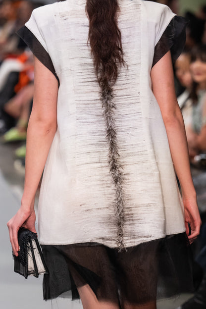 Suminigashi Textured Silk Sculpted Sleeveless Pintuck Shirt with Couture Ostrich Feather Cotton and Ostrich Shin Collar