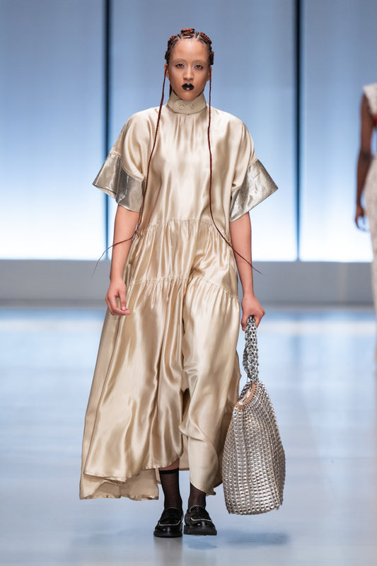 Reclaimed Champagne Acetate Satin Signature Qipoa Maxi Dress