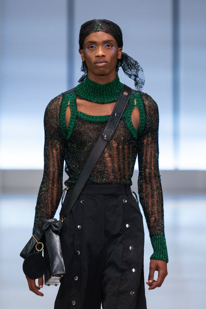 Emerald and Black Wool Mohair Lurex Knitwear Racer Top