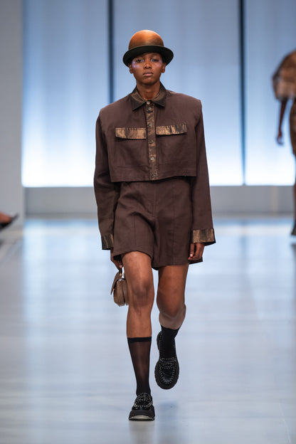 Dark Brown Linen Signature Shorts with Bronze Lame Detail