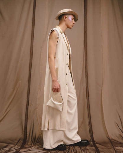 Ecru Silk Long Gilet with Silk Lame Detail