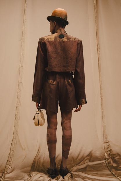 Dark Brown Linen Oversized Cropped Shirt