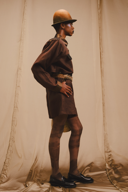 Dark Brown Linen Signature Shorts with Bronze Lame Detail