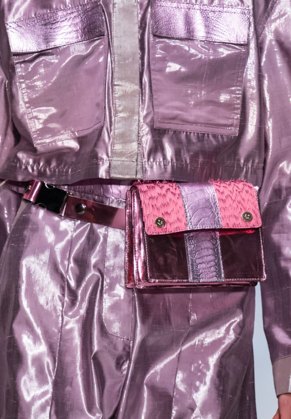 Pink Metallic Leather and Rose Pink Textured Leather Belt Bag