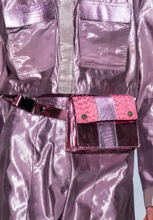 Pink Metallic Leather and Rose Pink Textured Leather Belt Bag