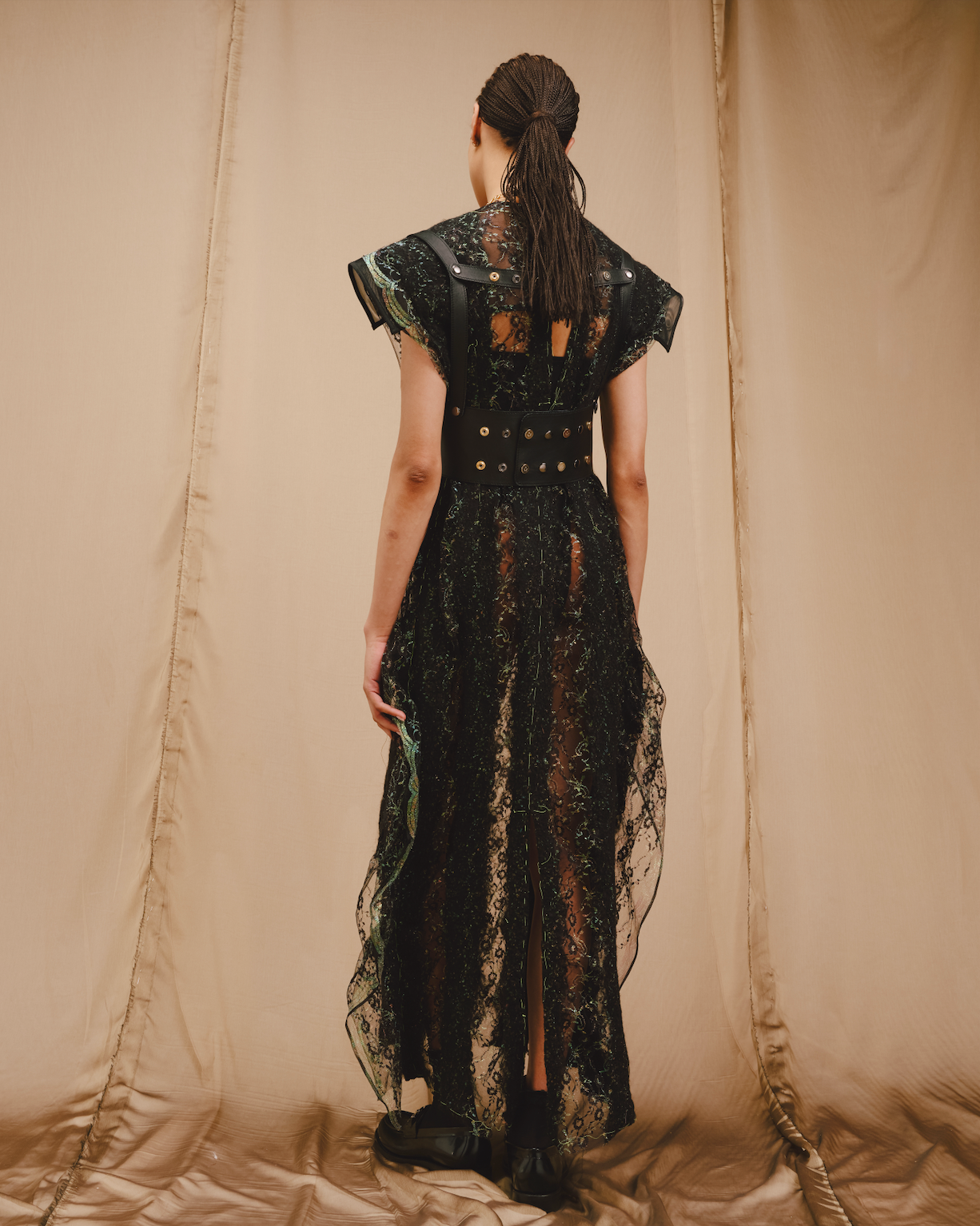 Wool Felted Vintage Black Green Lace Metallic Dress