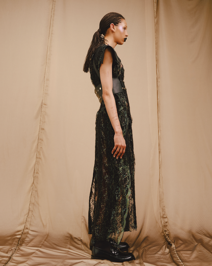 Wool Felted Vintage Black Green Lace Metallic Dress