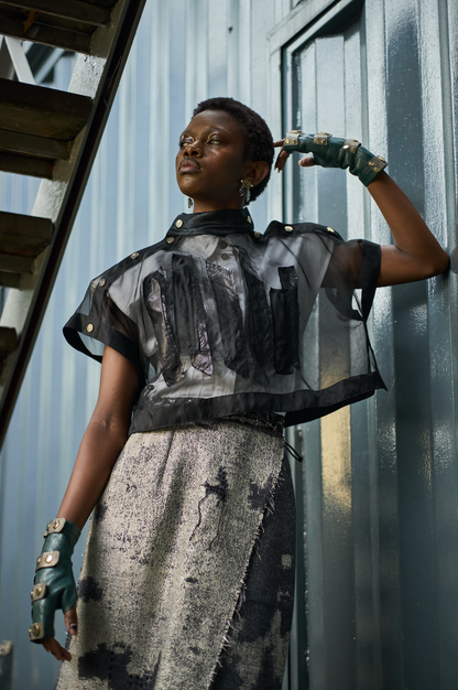 Basalt Slate Appliqué Silk Organza Popper T-Shirt