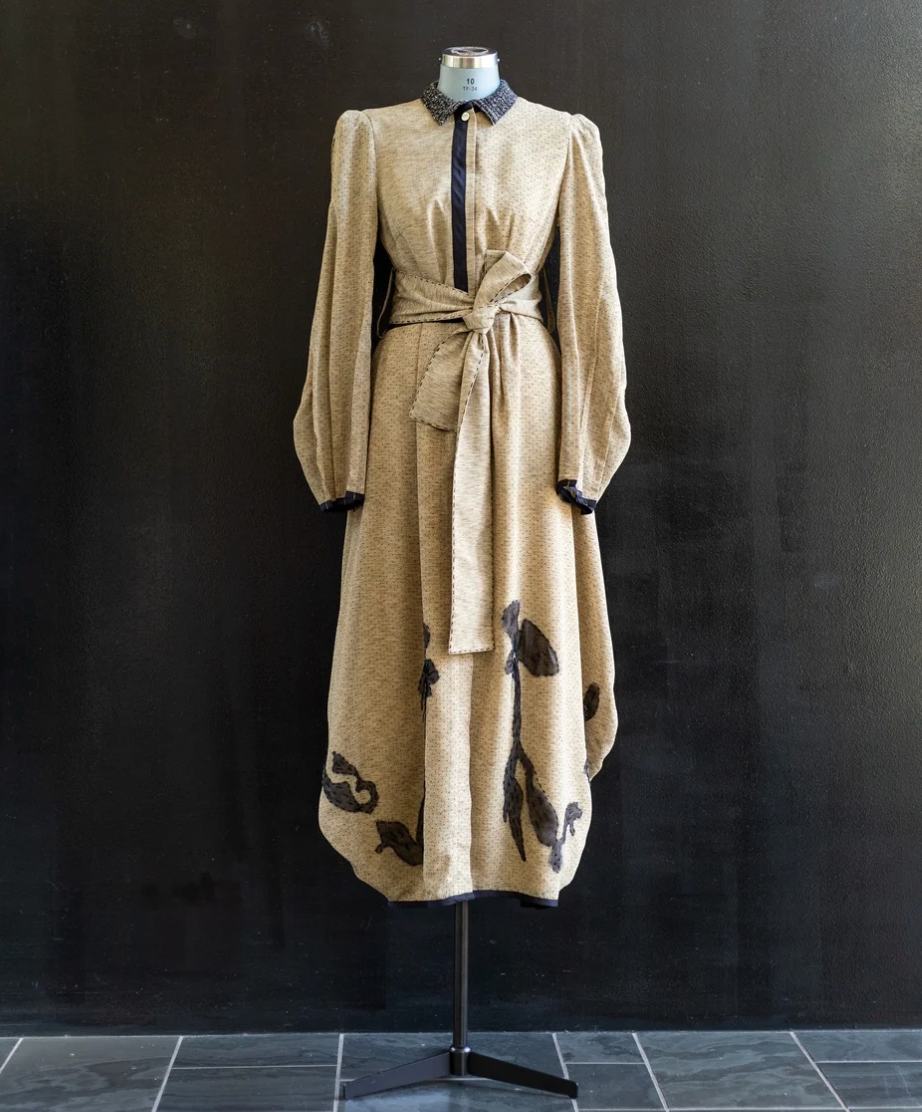 Japanese Synthetic Cloak Dress with Silk Organza Appliqué and Hand-Embroidery