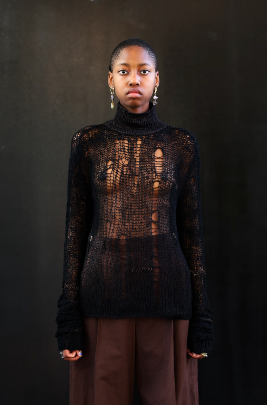 Artisanal 100% Wool Black Laddered Knit Poloneck Top
