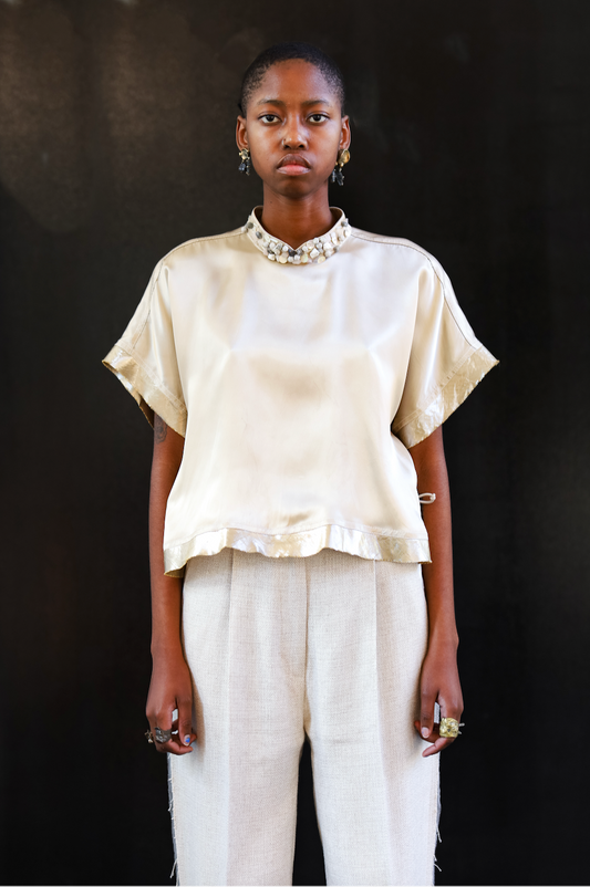 Champagne Qipao Top in Reclaimed Acetate Satin with Beaded Collar