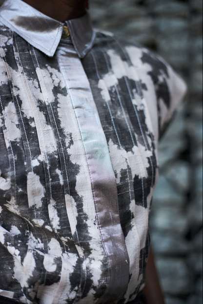 Suminagashi Textured Silk Sculpted Sleeveless  Pintuck Shirt