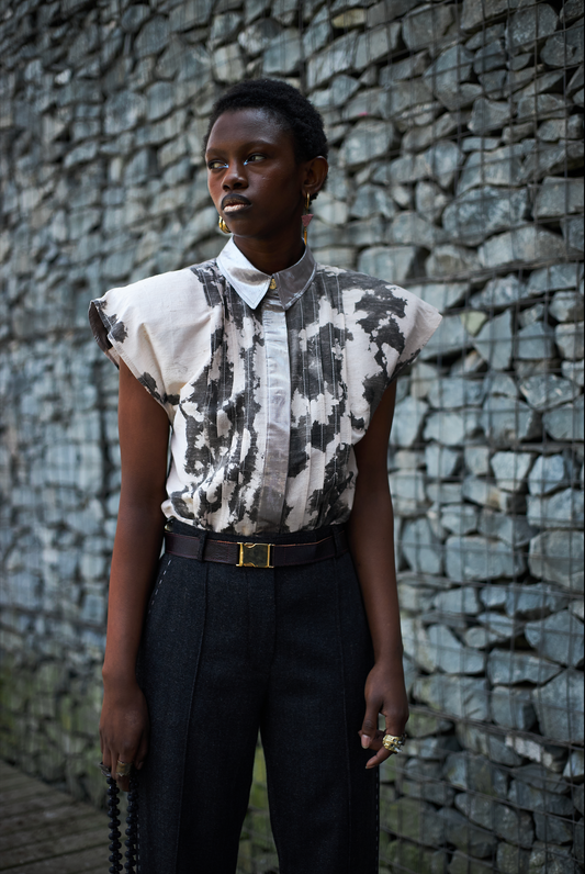 Suminagashi Textured Silk Sculpted Sleeveless  Pintuck Shirt