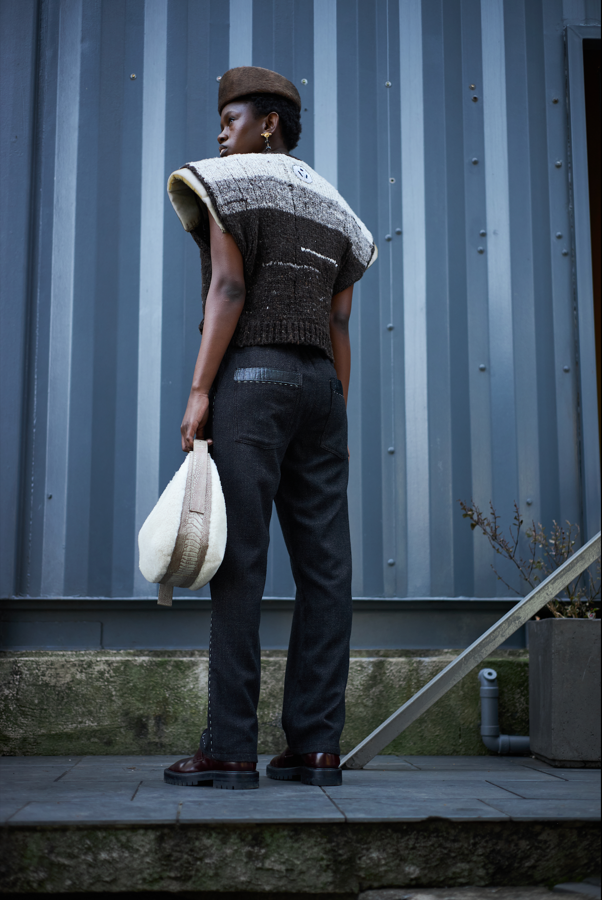Artisanal Baa Baa Black Sheep Ombre Gilet in Ecru Sheep Fleece