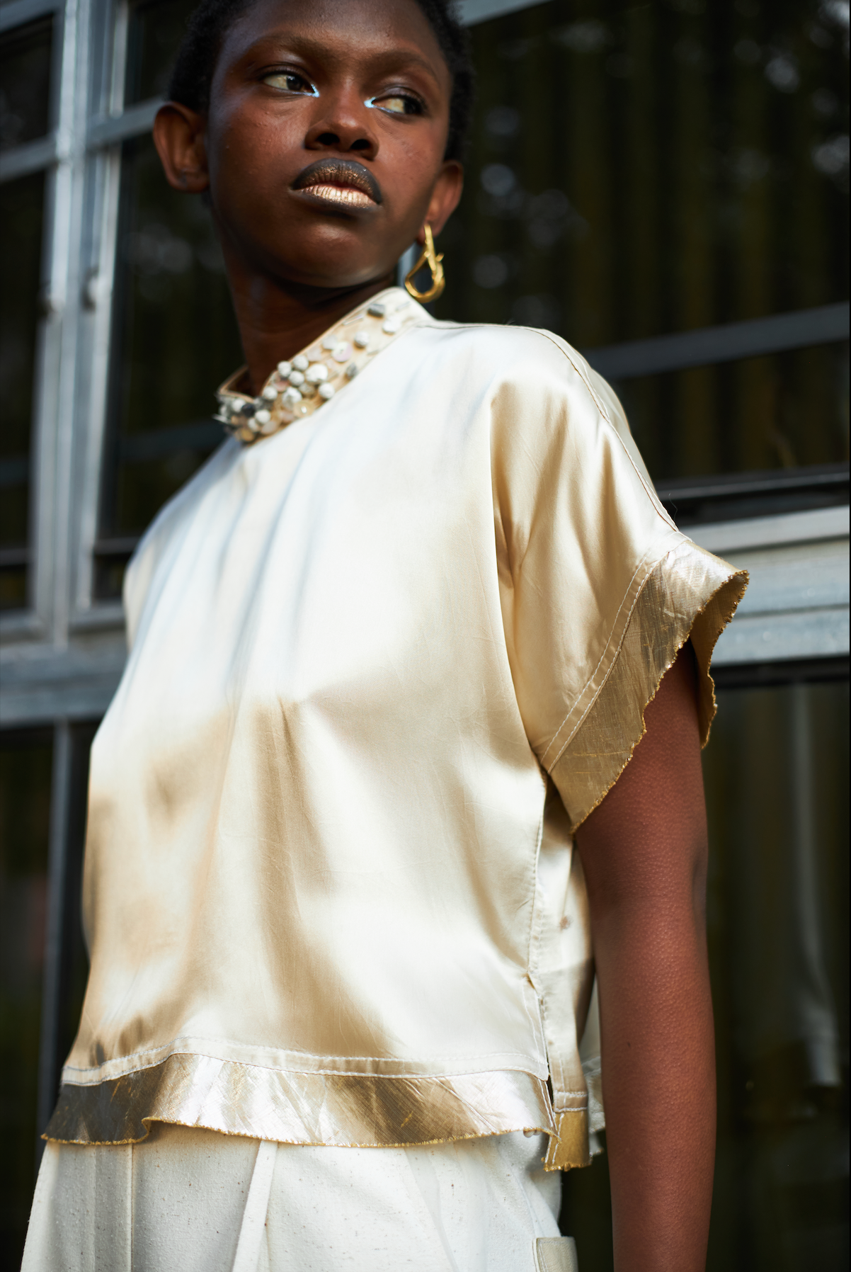 Champagne Qipao Top in Reclaimed Acetate Satin with Beaded Collar