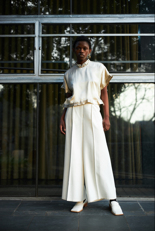 Champagne Qipao Top in Reclaimed Acetate Satin with Beaded Collar