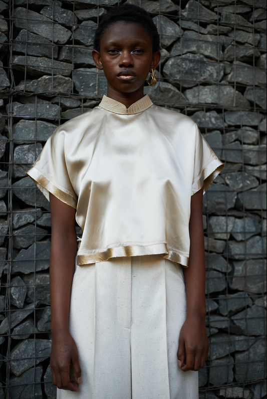 Champagne Qipao Top in Reclaimed Acetate Satin with Ostrich Shin Collar