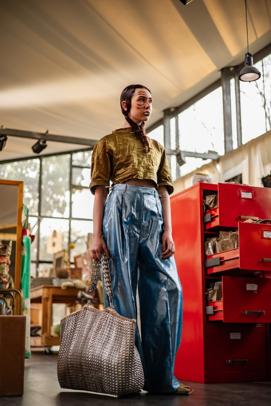 Bleu Piscine Signature Pants in Silk Lamé